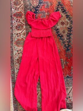SHEIN Hot Pink Wide-Leg Jumpsuit with Ruffled Neckline- top and pants